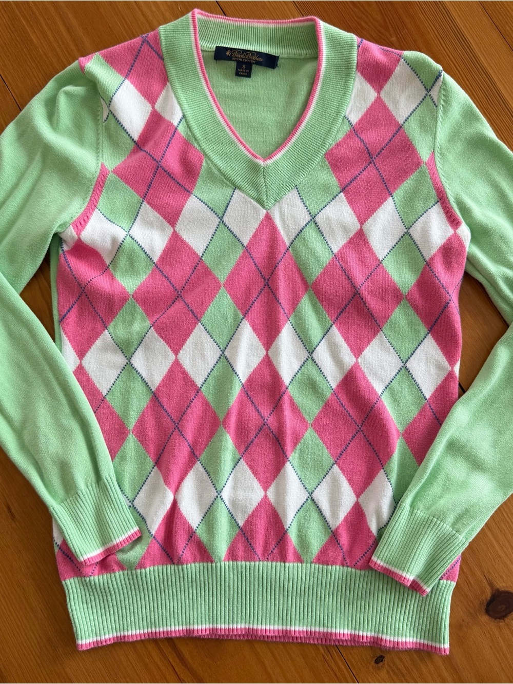 Brooks Brothers Pink, Mint & White Argyle V-Neck Sweater